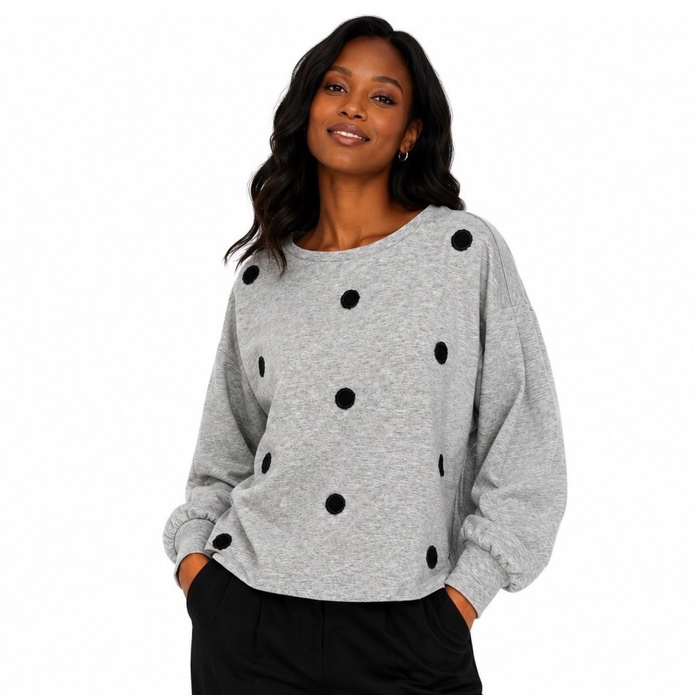 Ann Taylor Gray Beaded Polka Dot Sweatshirt Womens M Puff Sleeve Gray 104-34